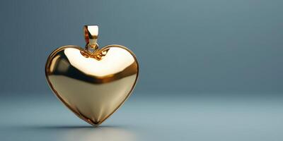 Shiny gold heart pendant resting on a smooth surface in soft lighting photo
