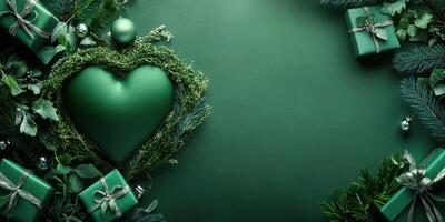 Green holiday decorations with presents and foliage create a festive atmosphere for celebrations or gatherings photo