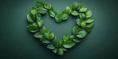 Heart shape created with fresh green leaves on a dark background highlighting nature's beauty and creativity photo