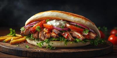 Savory grilled meat sandwich with fresh vegetables served on a wooden platter beside crispy fries photo