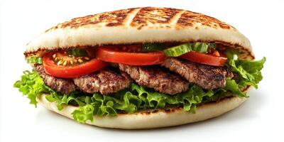 Grilled meat sandwich with fresh vegetables served on a toasted flatbread photo