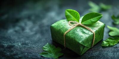 Gift wrapped in green leaves with twine on a dark textured surface surrounded by fresh greenery photo