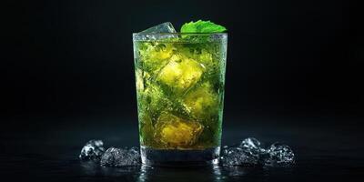 Refreshing mint cocktail garnished with mint leaves in a glass filled with ice cubes on a dark background photo