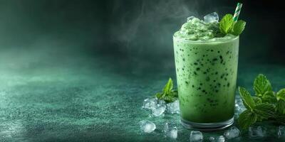 Minty green smoothie with ice and fresh mint leaves on a dark textured background during a warm afternoon photo