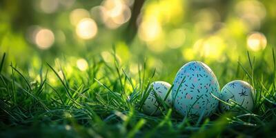 Colorful Easter eggs nestled in green grass during a sunny spring afternoon photo
