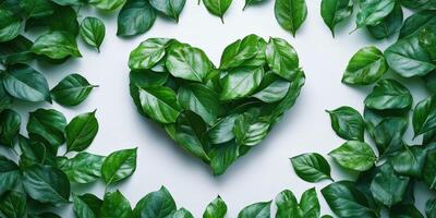Heart shape created from green leaves surrounded by fresh foliage on a white surface, representing nature and love for the environment photo