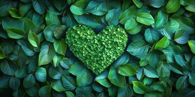 Heart-shaped design made of leaves amidst a variety of green foliage in natural light photo