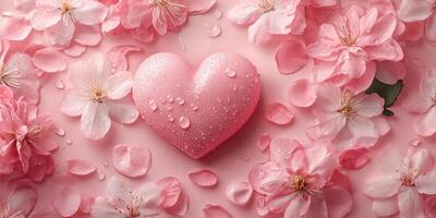 Heart shaped decoration among pink flowers creating a romantic and serene atmosphere for special occasions photo