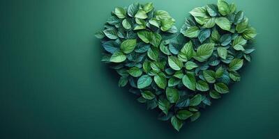 Heart shape made of green leaves on a deep green background representing nature and eco-friendliness in a creative design photo
