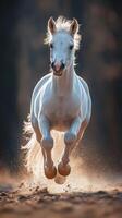 White horse galloping swiftly through dust in a sunlit forest clearing during late afternoon photo