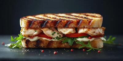 Delicious grilled chicken sandwich with fresh vegetables and creamy sauce on toasted bread photo