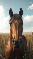 Majestic brown horse standing tall in golden field under a clear blue sky during early evening light photo