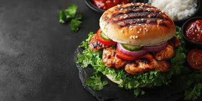 Juicy grilled chicken burger served with fresh vegetables and sauces on a dark slate background photo