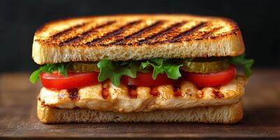 Grilled chicken sandwich with fresh vegetables served on toasted bread in a rustic setting photo