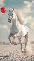 Majestic white horse galloping joyfully under a bright red balloon at the beach during sunset hours photo