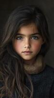 Portrait of a young girl with long dark hair and expressive eyes in a cozy sweater indoors photo