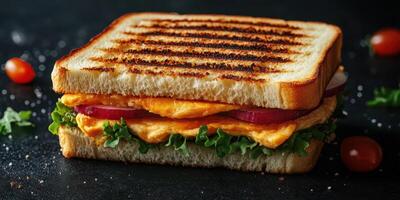 Delicious grilled sandwich with fresh vegetables and creamy cheese served on a rustic table photo