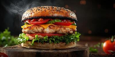 Juicy grilled chicken burger with fresh toppings served on a rustic wooden board at a cozy eatery photo