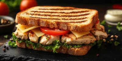 Grilled chicken sandwich with fresh vegetables served on whole grain bread at a cozy cafe during lunch hours photo