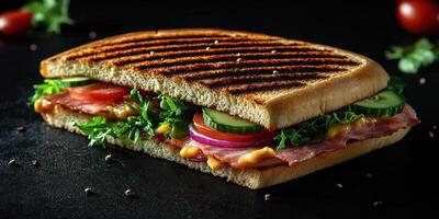 Delicious grilled sandwich loaded with fresh vegetables and savory meats on a dark background photo