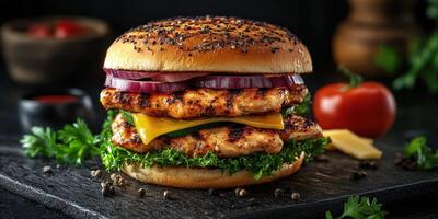 Delicious grilled chicken burger with fresh toppings and a flavorful bun served on a dark wooden table photo