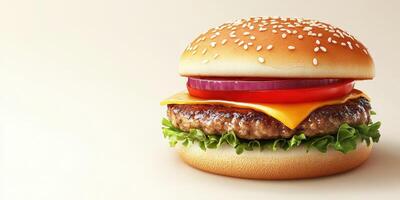 Delicious cheeseburger with fresh ingredients and sesame seed bun on a plain background photo