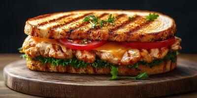 Grilled chicken sandwich with fresh vegetables on toasted bread prepared in a cozy kitchen setting photo