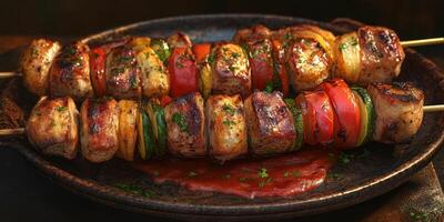 Delicious grilled kebabs with colorful vegetables served on a rustic plate at a backyard cookout in the evening photo