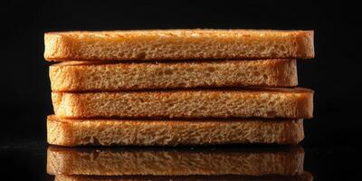 Golden brown toasted bread stacked neatly against a dark background highlighting texture and color contrast photo