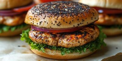 Grilled chicken burger with fresh vegetables served on a toasted sesame seed bun photo