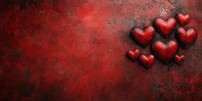 Decorative red hearts arranged artistically on a textured dark red background for a romantic ambiance photo