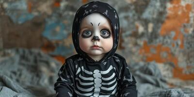 Child dressed as a skeleton sits in a cozy environment with a vintage backdrop during a festive occasion photo