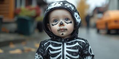 Child dressed in skeleton costume enjoying a rainy Halloween afternoon in a neighborhood photo