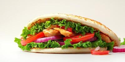 Deliciously fresh chicken wrap loaded with vegetables and drizzled with sauce on a plain background photo