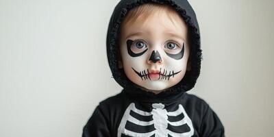 Child dressed in skeleton costume with face paint, capturing the essence of Halloween festivities in a cozy indoor setting photo