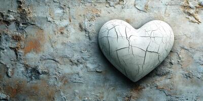 Cracked white heart sculpture against a textured gray wall in an artistic display reflecting emotion and vulnerability photo