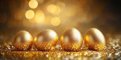 Shiny golden eggs on a sparkling surface with a warm bokeh background during a festive celebration photo