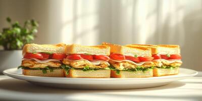 Delicious sandwiches arranged on a white plate in a bright kitchen during the day photo