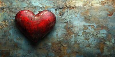 Bright red heart symbol on weathered blue and brown textured wall in artistic display photo