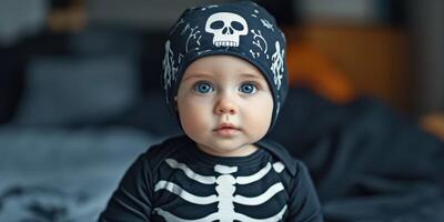 Cute baby in skeleton costume wearing a skull hat sits on a bed with a thoughtful expression during Halloween celebration photo