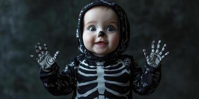 Child in skeleton costume poses playfully against dark background during Halloween celebration photo