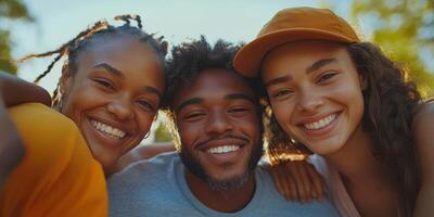 Friends enjoying a sunny day outdoors while smiling and posing together at a park photo