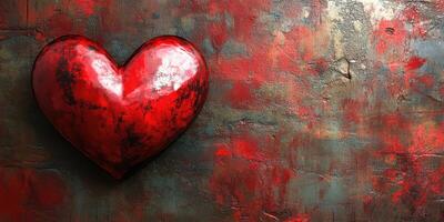 Red heart sculpture on textured wall conveys emotion and passion through its vivid color and artistic design photo