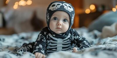 Baby dressed in skeleton costume during Halloween celebration indoors with festive decorations in the background photo