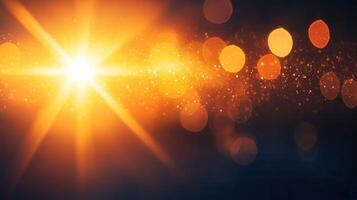 Abstract Golden light beams radiating from a bright star create a magical atmosphere dark background with bokeh effect photo