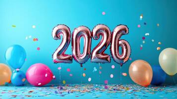 Vibrant balloons and confetti surround shiny pink and blue numbers, welcoming the new year 2026 in a festive and colorful celebration photo
