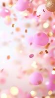 Sparkling pink and gold happy birthday confetti sprinkled over pastel surface, radiating celebration with vibrant, shimmering color palette vignette background Copy space for text photo
