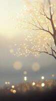 Tree bare branches reach against a background of shimmering golden bokeh, creating a serene and magical atmosphere glittery and shiny, soft focus photo