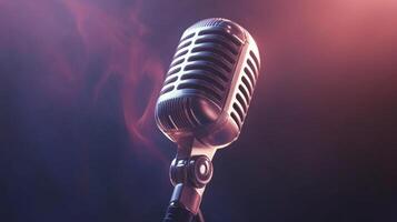 Close up of a classic vintage microphone dramatic lighting smoky background, evoking a retro musical ambiance photo