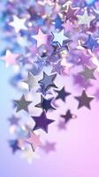 Metallic stars cascade against a soft pastel aesthetic background, creating a dreamy, celestial atmosphere with purple and blue hues photo